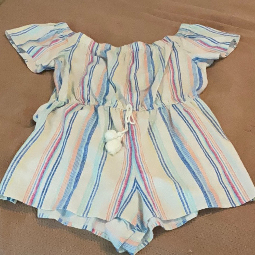Gypsies & Moondust Striped Off-Shoulder Romper in Cream with Blue & Pink Stripes